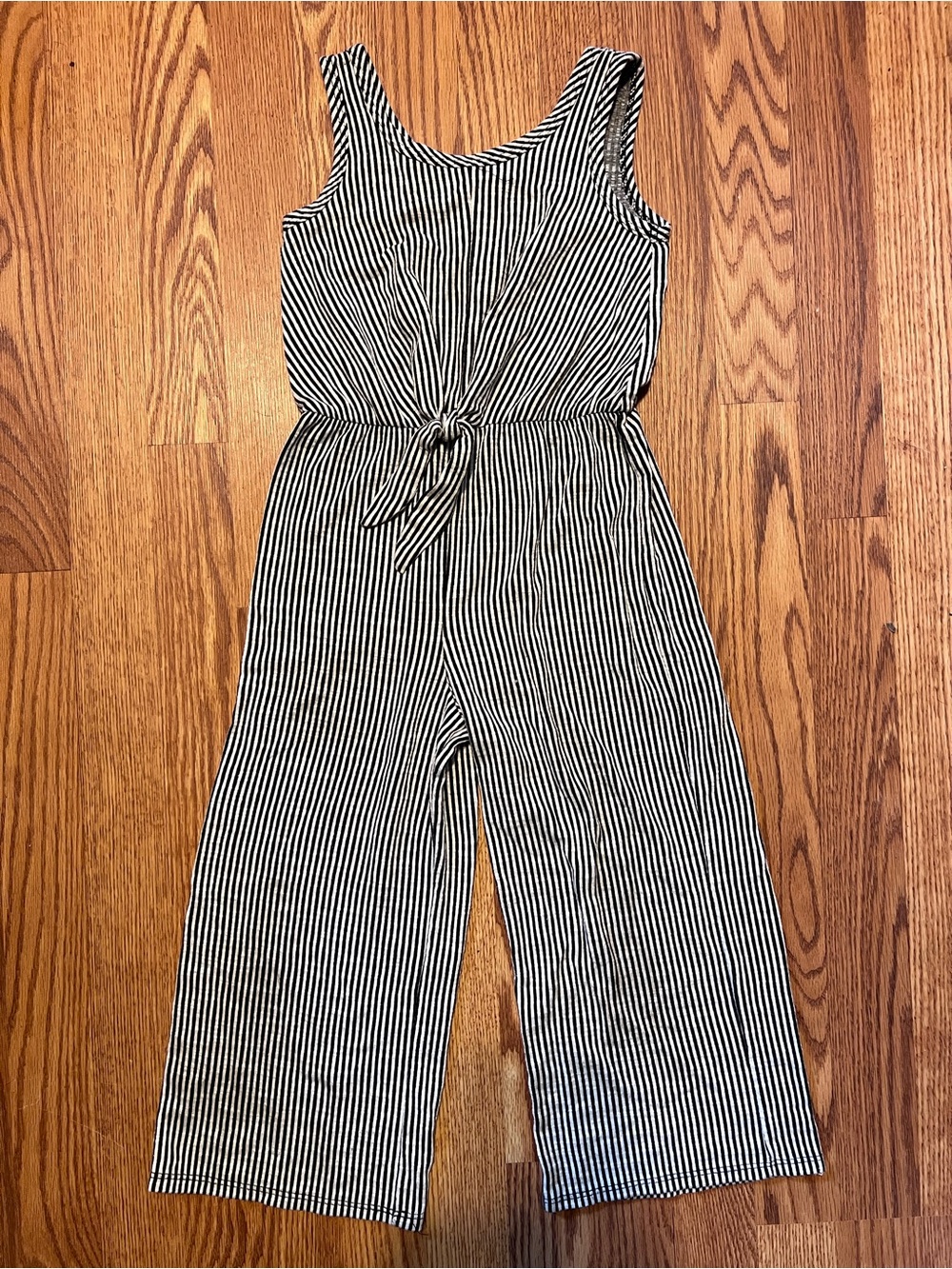 Striped Sleeveless Tie-Waist Jumpsuit in Black & White